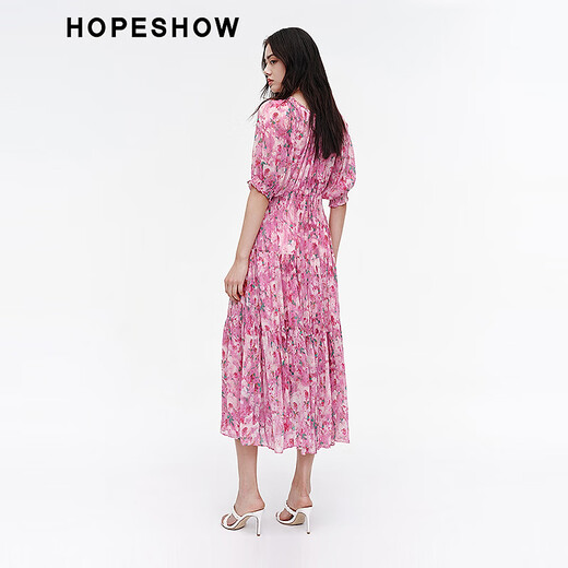 Rouge de magasinage des manches rouges même robe française 2024 Nouvelles vêtements pour femmes imprimées de la taille à la taille du cou rond jupe à thé rose rose fleur 683 l