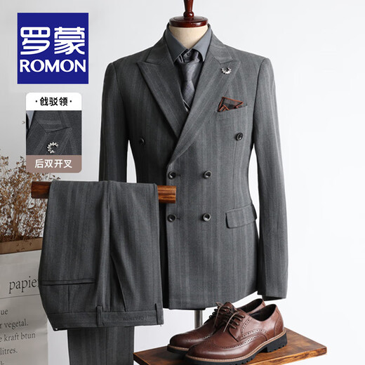 ROMON high-end customized striped suit suit for men in autumn and winter new double-breasted professional suit for men wedding and groom's dress medium gray two-piece suit + pants XL size free + brooch + pocket square