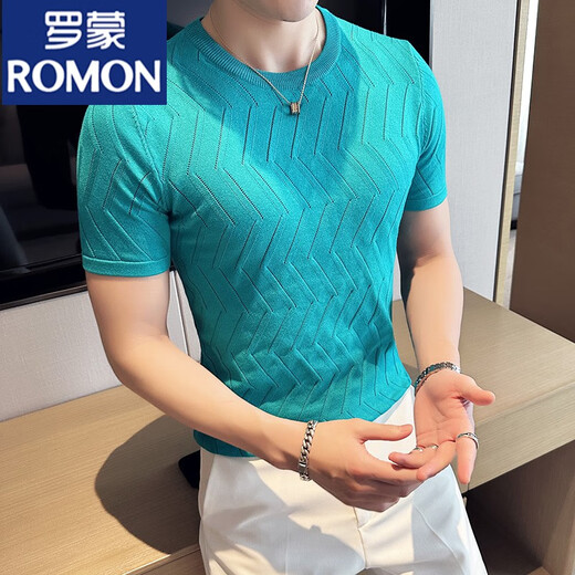 罗蒙（ROMON）夏季冰丝黑色男士高端短袖t恤男镂空针织圆领修身新款透气T恤薄款 9766粉色 (菱形格款) M