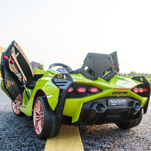 Xingchenhao Lamborghini children's electric car four-wheel toy can sit on a child's baby baby remote control car Lightning SIAN red four-wheel drive + remote control + swing + leather seat + soft wheels