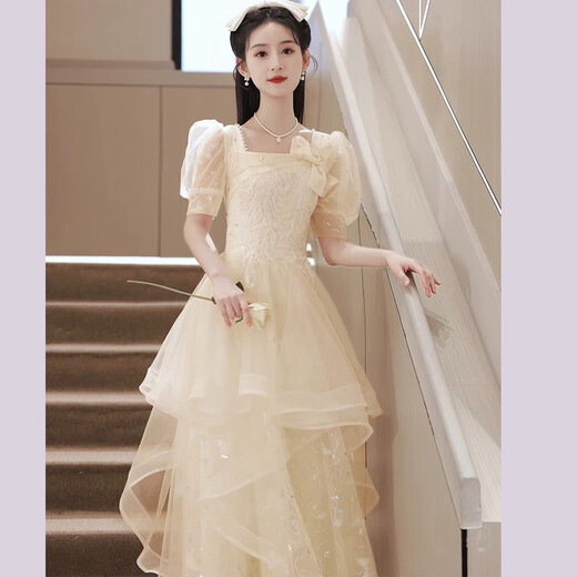 丽佰昕香槟色晚礼服裙女2025新款轻奢小众高端高级感声乐艺考主持人演出 香槟色 L  建议100-110斤