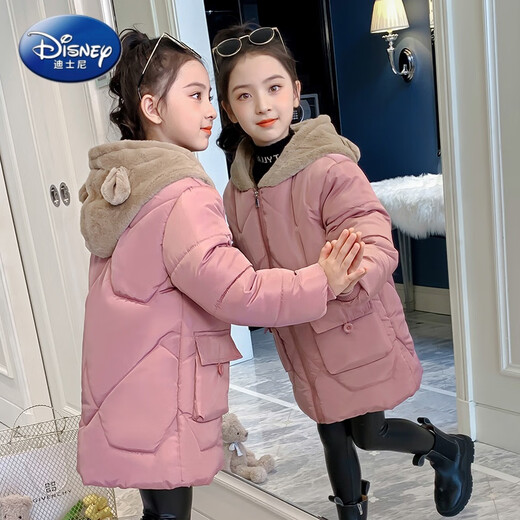 Disney Girls Cotton Jacke plus Samtjacke mittelgroße Kinder verdickte Parka 2024 Neue mittellange Winter-Kapuze-Baumwoll-Top-Rosa-Versandversicherung 120 Empfohlene Höhe 1105-115 cm