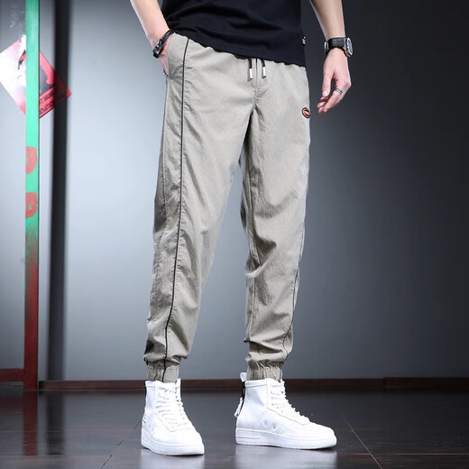 新百伦冰丝休闲裤男夏季薄款宽松抽绳束脚裤韩版潮流运动时尚百搭哈伦裤 黑色 3XL