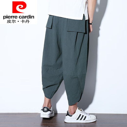 皮尔卡丹（pierre cardin）夏季亚麻七分裤男潮流大码灯笼裤泰国阔腿萝卜裤宽松休闲哈伦短裤 黑扇子 5XL (210-245斤)