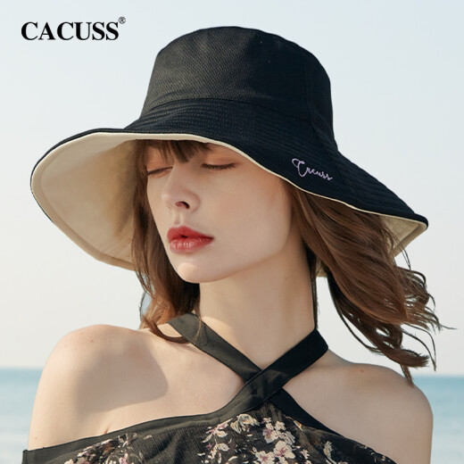 CACUSS sun protection hat women's summer double-sided sun hat anti-UV hat women's outdoor sun beach hat black rice medium size