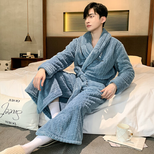
Langsha pajamas men's autumn and winter flannel thickened lengthy nightgown with velvet warm bathrobe household clothing light gray 3XL