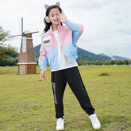Bei Lecong [three-piece set] children's clothing girls' suit children's clothes new spring medium and large children's girls' sports and leisure spring clothing pink two-piece set [jacket + pants] 150 size (recommended height is about 140CM)