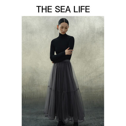 THE SEA LIFE半身裙冬季新款时尚微弹松紧腰中长款蓬蓬网纱裙13117 苜蓿灰 M