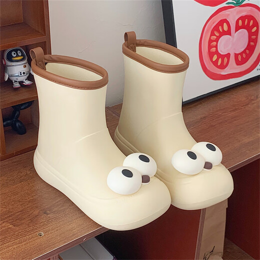 Brouilles minces (xixitiao) Chaussures de pluie de dessins dessins mignons laids pour les femmes portant des chaussures d'eau pour adultes pour les étudiants à l'extérieur, des chaussures en caoutchouc de jour de pluie antidérapantes antidérapantes, brun jaune crème 36-37