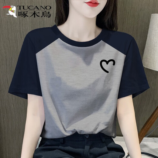啄木鸟T恤女复古插肩短袖t恤衫女士2025新款纯棉体恤设计感小众上衣洋气 6191花灰色-插肩袖 XL