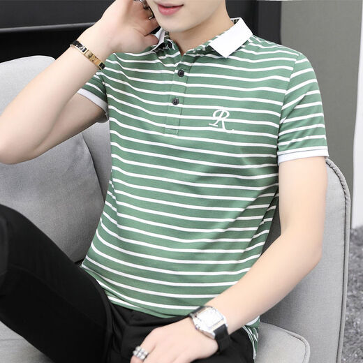 
NanYUQIU summer men's short-sleeved T-shirt striped Korean style trendy half-sleeved slim collared top clothes men's lapel 6636 brick red strips 2XL 135-150Jin [Jin equals 0.5 kg]