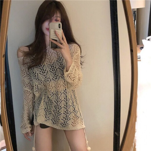 Long-sleeved sweater for women, thin ice silk top, hollow knitted sweater blouse, sweater, thin top, long-sleeved summer wear, new style for women, spring and autumn versatile air-conditioning shirt, apricot coat [80-135Jin[Jin equals 0.5kg]]