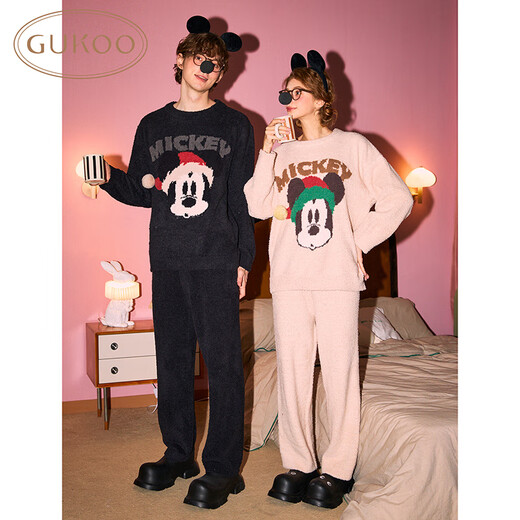 Gukoo Pajamas Couple Winter Disney Co-branded New Maillard Half Velvet Warm Men's Home Clothing Set Female D Mickey Couple Pajamas M Female