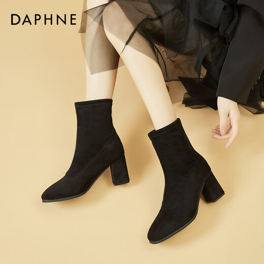 Daphne plus velvet temperament versatile short boots thick heel mid-calf slim boots soft sole high heel women's boots 4622607082 black 38