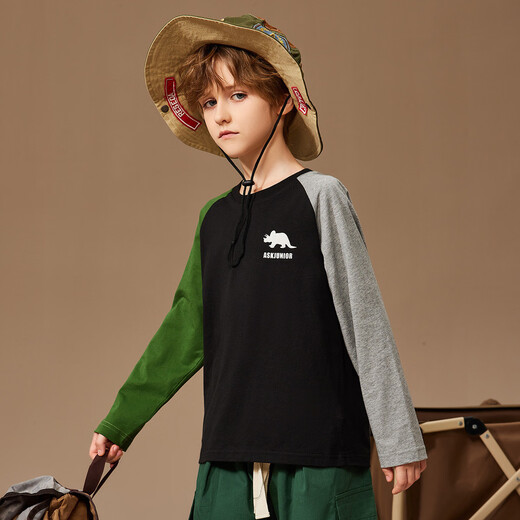 ASK JUNIOR男童长袖T恤秋装儿童印花撞色跑步打底衫 黑色 170