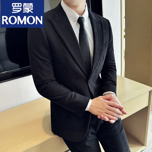 ROMON autumn and winter thick corduroy suit men's suit business casual trendy slim and handsome corduroy suit two-piece set brown single-piece suit / 3XL