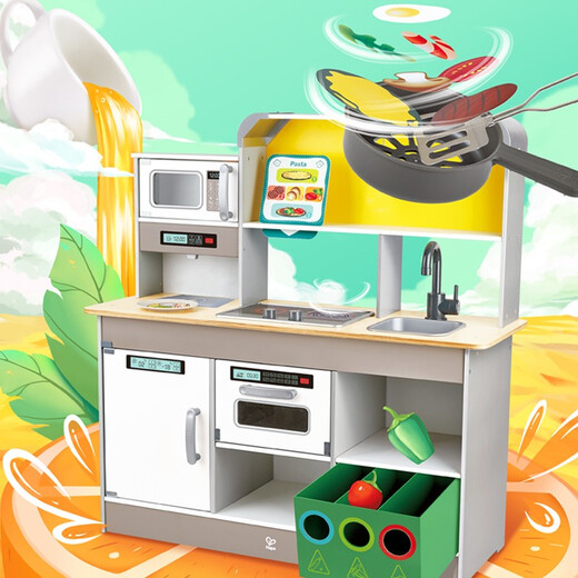 Hape kitchen toys, 3-6 year old children playing house, wooden simulated cooking kitchen storage, parent-child interactive toys, electric whirlwind cooking and fried kitchen luxury version E3177