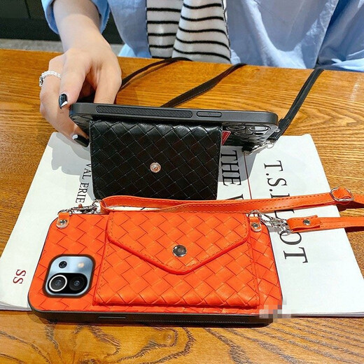 
AFAPU Simple Xiaomi 14/13/12/11 mobile phone case coin wallet braided crossbody strap card personalized creative leather women's small card bag card bag orange plaid braided pattern change card bag + crossbody lanyard Redmi K50pro exclusive