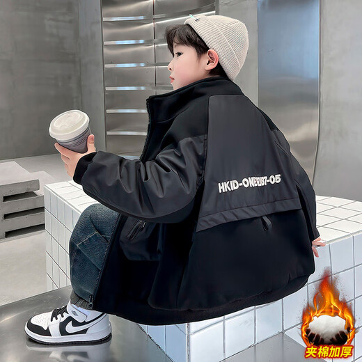 Katu Blue Cat Children's Wear Boys' Winter Jacket 2024 New Medium and Large Children's Thickened Autumn and Winter Boys' Street Ruff Handsome Cotton Clothes Trendy Black 150cm