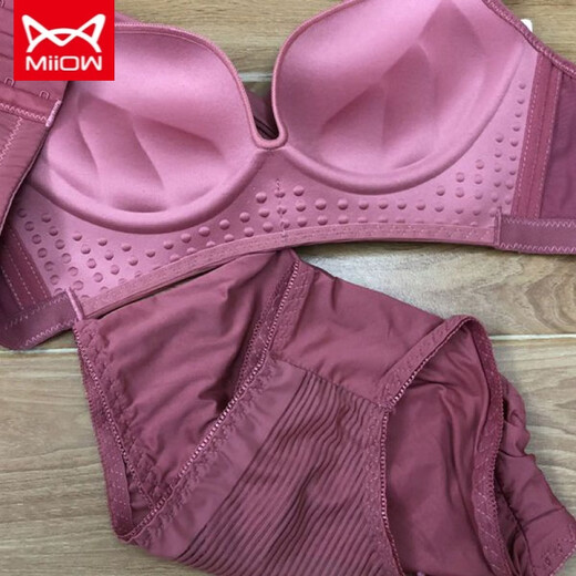 MiiOW brand underwear for women without wires, small breasts, push-up, adjustable side breasts, sexy bra set, brick red set 34-75A