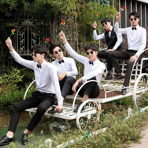 Xinzhizhan best man costume brother group clothing men's three-piece shirt men's clothing wedding dress gray vest + gray pants + shirt + bow tie 3XL
