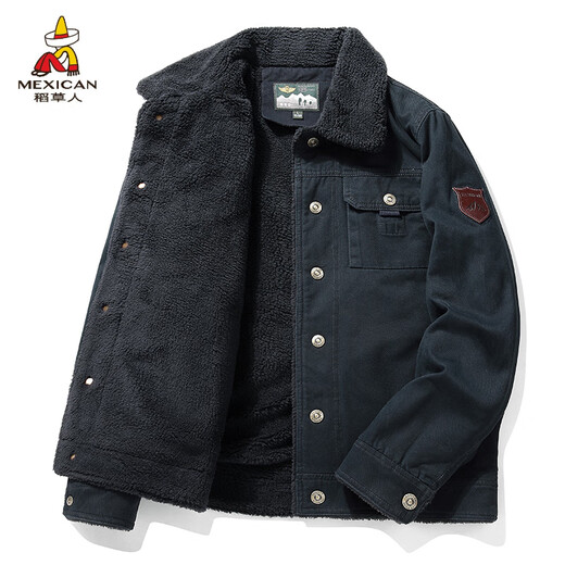 Scarecrow winter bomber jacket men's velvet thickening large size loose cotton coat young and middle-aged lamb velvet workwear cotton jacket 3166 velvet dark blue pure cotton fabric thickened XL 125-140Jin Jin equals 0.5 kg