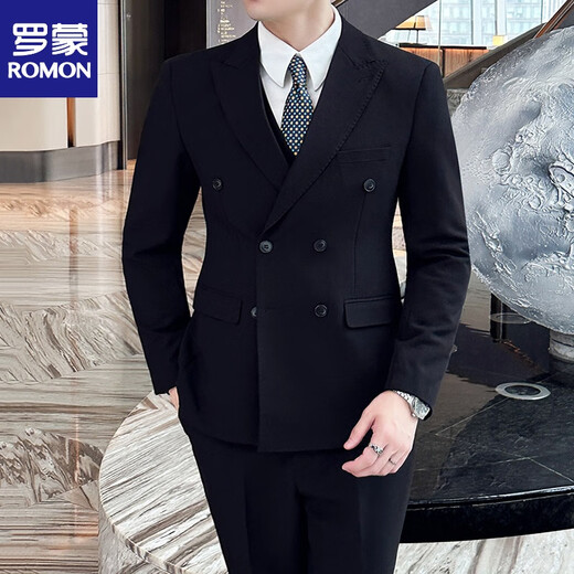 Romon haut de gamme Authentique Authentic Men's Dark Green Suit Suit Groom Double-Basted Suit Casual Slim Meeting Robe Abricot Couleur (costume + pantalon + VIET + chemise) Cravate M