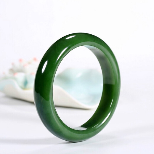 Dingfei Xinjiang Hotan Jade Bracelet Laokeng Material Jasper Spinach Green Women's Model Wide Flat Jade Bracelet Collection Grade No Black Spots 62-63 Circle