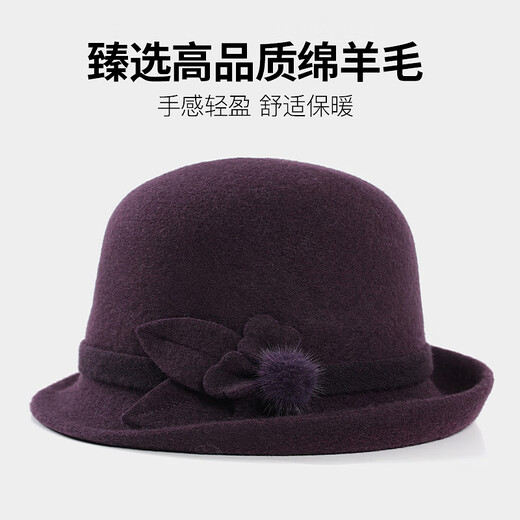 Hengyuanxiang middle-aged and elderly wool hats for women in autumn and winter, gift hats for mothers and grandmothers, warm basin hats, gift box, dark purple hat 1