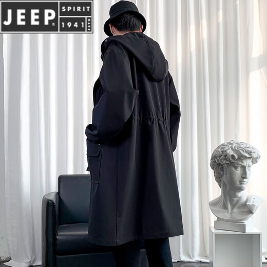 JEEP SPIRIT痞帅风衣外套男中长款春季新款过膝大衣男秋冬加厚披风派克服男装 黑色 XL 135斤-160斤可穿