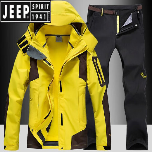 JEEP SPIRIT outdoor winter assault clothing and pants suit for men and women, three-in-one plus velvet and thickened two-piece set, windproof and waterproof fishing and mountaineering suit, 552 men's denim blue + 9986 men's black pants L