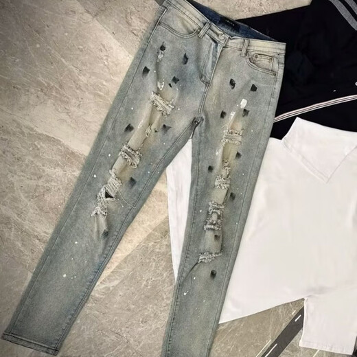 际域高街破洞水洗做旧开叉牛仔裤男ins潮牌嘻哈宽松直筒小脚长裤 9923图色 29
