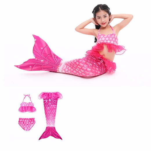 Youdingqi Mermaid Children's Clothing Fishtail Princess Skirt Girls Suit Children's Swimsuit Baby Summer New Style Rose Red Three-piece Set without Flippers 110 cm Suitable for Ages 3-4 Years Old