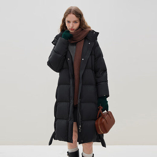 范思蓝恩23FS14081中长款慵懒感保暖面包服简约连帽插肩袖羽绒服 黑色 S