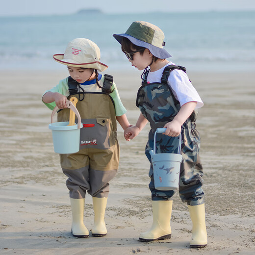 Catch the sea equipment children's water play clothes wading waterproof pants kindergarten beach fishing suspenders one-piece rain boots waders nylon water play clothes 10XL 10XL160 code inner length 16 cm