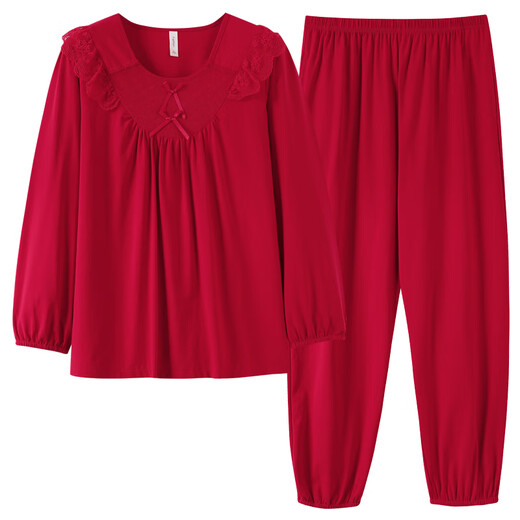 
Quguo (QUGUO) [Lycra Cotton] Women's pajamas spring and autumn elastic cotton autumn long-sleeved women's pullover autumn and winter home clothing set 682 crimson L [recommended 100-120 Jin [Jin equals 0.5 kg]]