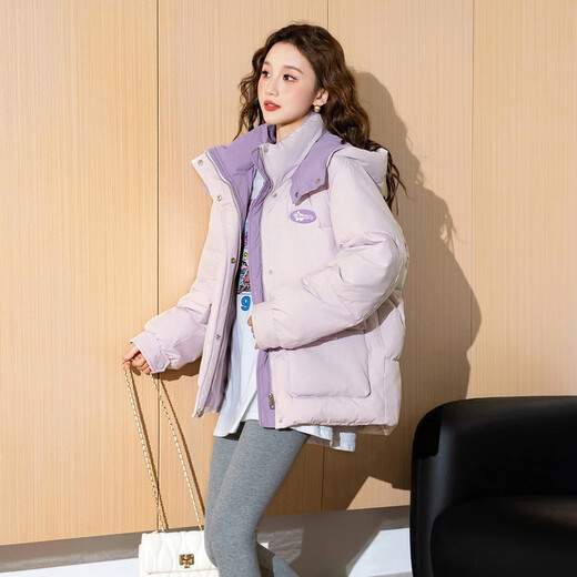 TonLion 2025 women's contrasting color stitching stand-up tie hooded cotton coat gauze purple L