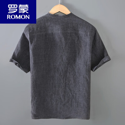 罗蒙（ROMON）纯亚麻短袖t恤男士夏季棉麻T恤麻布衣服复古休闲透气立领麻料上衣 JM280灰色 XL