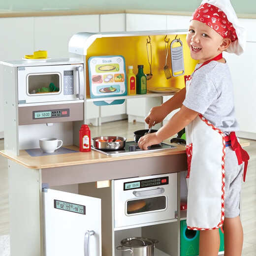 Hape kitchen toys, 3-6 year old children playing house, wooden simulated cooking kitchen storage, parent-child interactive toys, electric whirlwind cooking and fried kitchen luxury version E3177