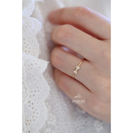 Beiyou 9K gold French exquisite and simple micro-paved zircon girly bow K gold ring slim ring light yellow Hong Kong code No. 11