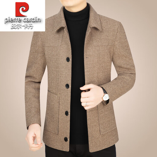 Pierre Cardin high-end men's woolen woolen jacket spring and autumn new style young and middle-aged casual lapel men's jacket dad top Khaki XL 180 (135-150Jin Jin is equal to 0.5 kg)