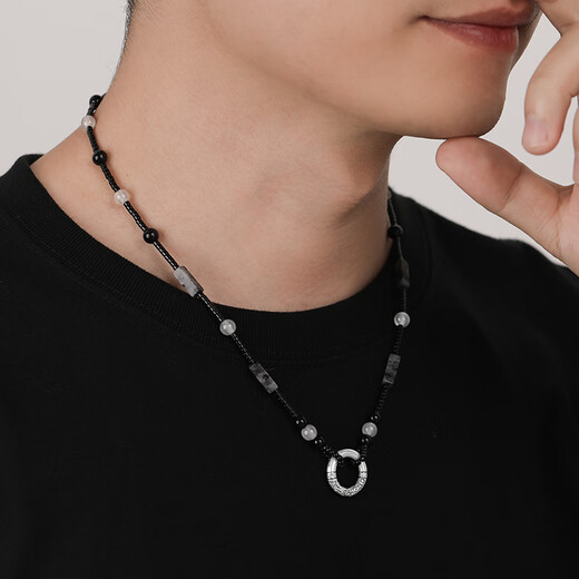 Zhizhen Yinlou 999 Pure Silver Necklace Men's Peace Buckle Pendant Agate Beads Birthday Gift Anniversary for Boyfriend and Husband Pure Silver Peace Buckle Agate Necklace Extended Chain