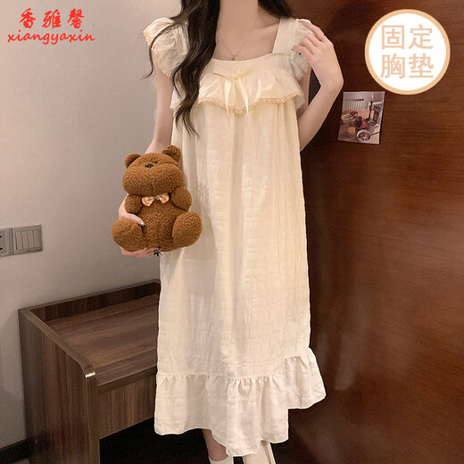 香雅馨夏天公主风棉质吊带睡裙女夏季薄款带胸垫睡衣少女中长款连衣裙 9905黑格 2XL