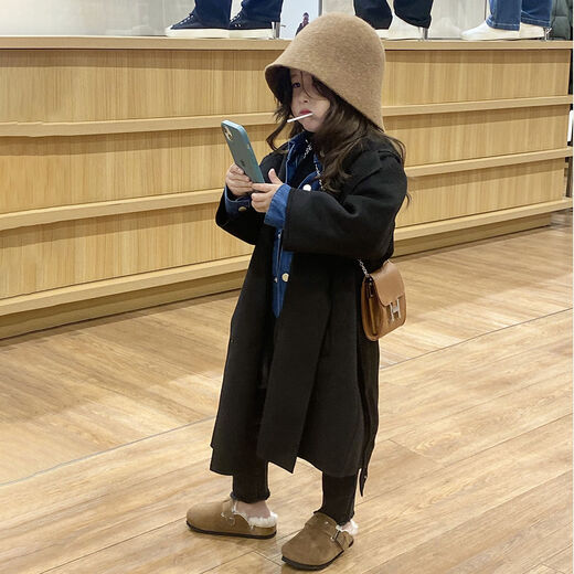 Детское шерстяное пальто средней длины Disney (Disney), осень и зима, модное шерстяное пальто для девочек в корейском стиле в западном стиле принцессы, модное черное шерстяное пальто 140 см