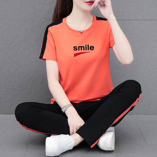 NY-EMMA运动套装女短袖夏季棉质休闲时尚中年洋气减龄广场舞跑步服两件套 695灰色（长裤套装） XL(建议110-125斤)
