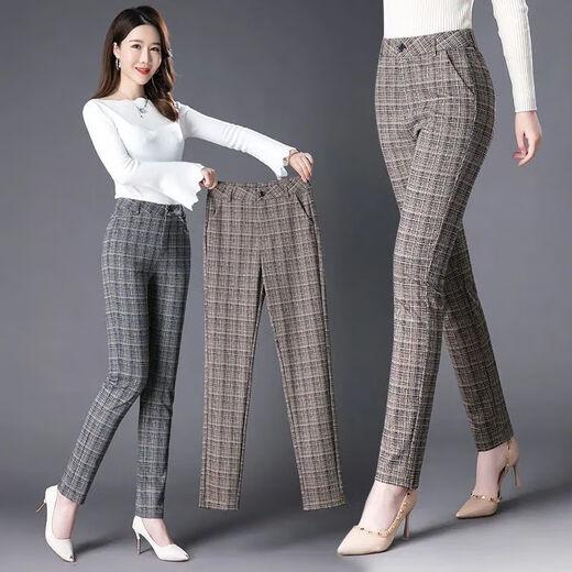 Langwei Ferri Plaidhose für Frauen Frühling und Herbst Neue Frauen mittleren Alters mittleren Alters und elastischer schlanker Graugitter [Elastische Taille] 983# Fleece L [105jin [Jin entspricht 0,5 kg] ~ 115jin [Jin entspricht 0,5 kg]]