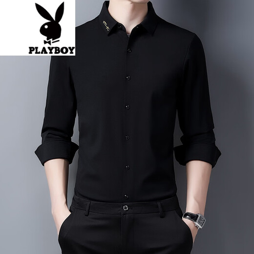 Vêtements pour hommes Romon Imitation Mulberry Silk Shirt Men à manches longues à manches longues Broidered sans marque Automne Men d'âge moyen Black 6221 185 / 96A
