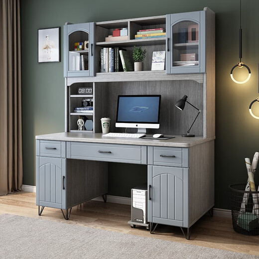 Shangjing Desk and Bookcase Combination Computer Desk Desktop Modern Simple Home Study Office Student Study Desk Q Style-Gray Technology Wood Color 100*60*190cm Single Desk