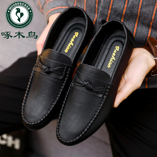 Woodpecker 2025 Herbst neue Laibers Herren lässige Lederschuhe Ein-Fuß Lazy Shoes Society Junger Mann Bohnen Doodle Schuhe Herrenschuhe D826 Black 39