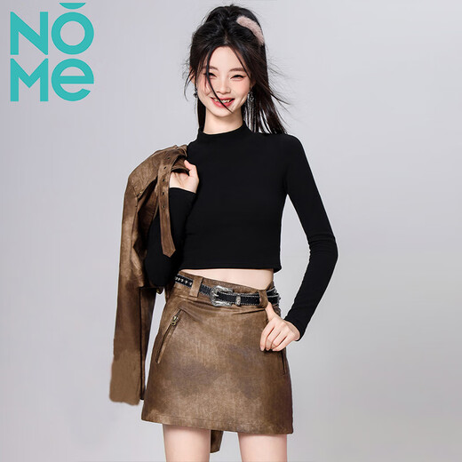 NOME bottoming shirt for women 2026 early spring new style short high collar, inner and outer wear, navel-baring bottoming long sleeves, black M